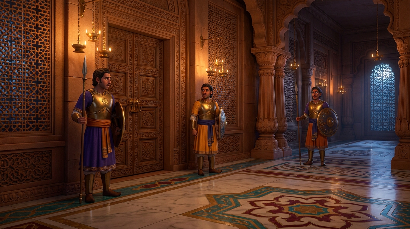 In ancient Kanyakubja, Queen Charumati's locked royal bedroom with two guards at the door, choker missing