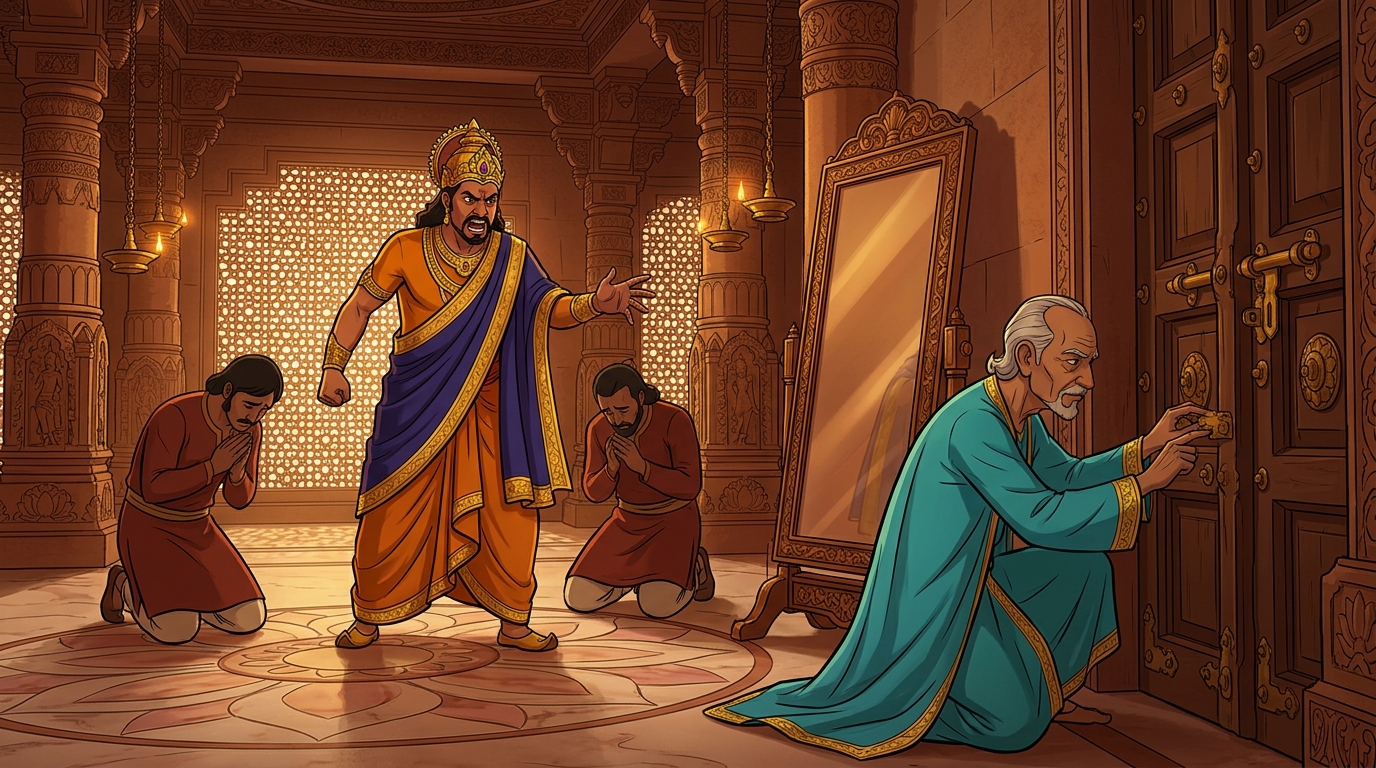 The furious King threatens guards, but Minister Buddhiraja examines the unbroken window and mirror