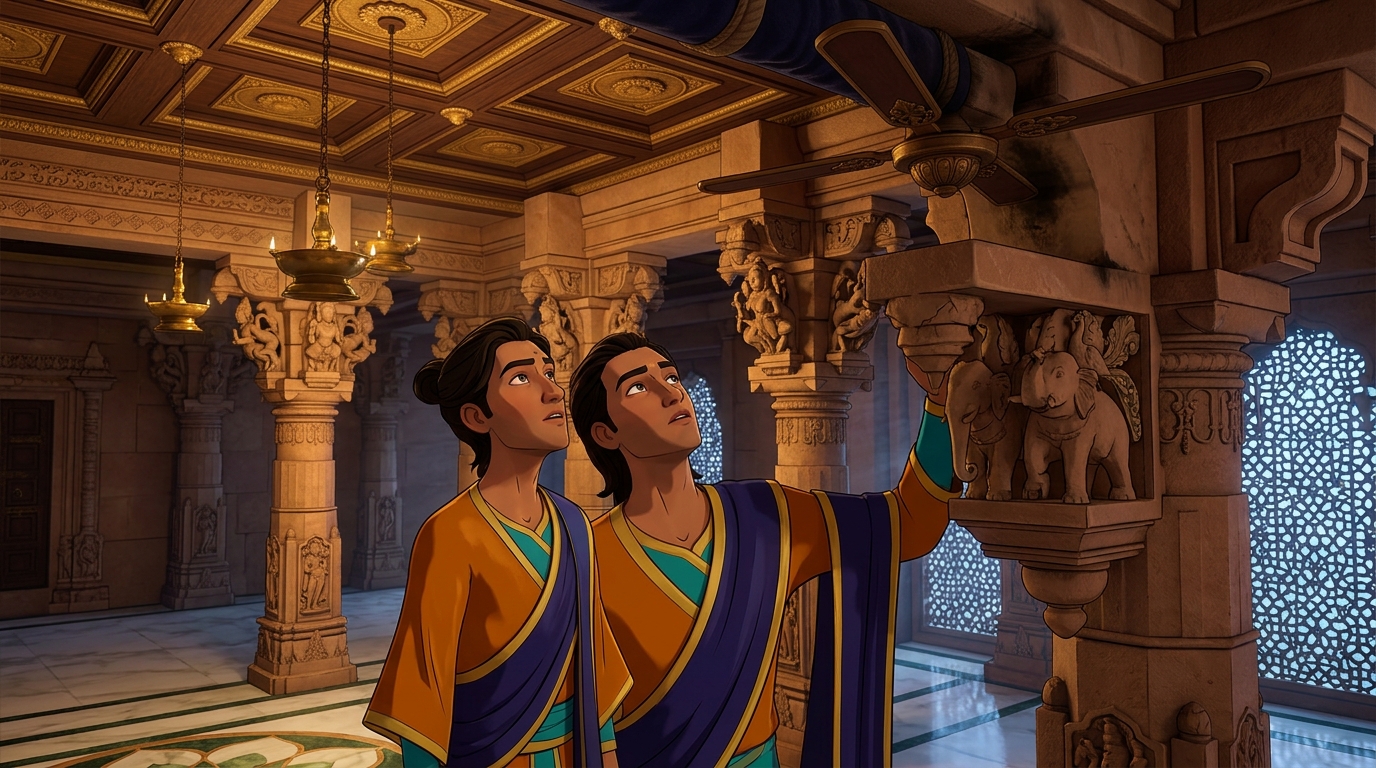 Buddhiraja looks up at the high ceiling, noticing velvet rope marks and black soot on the bracket