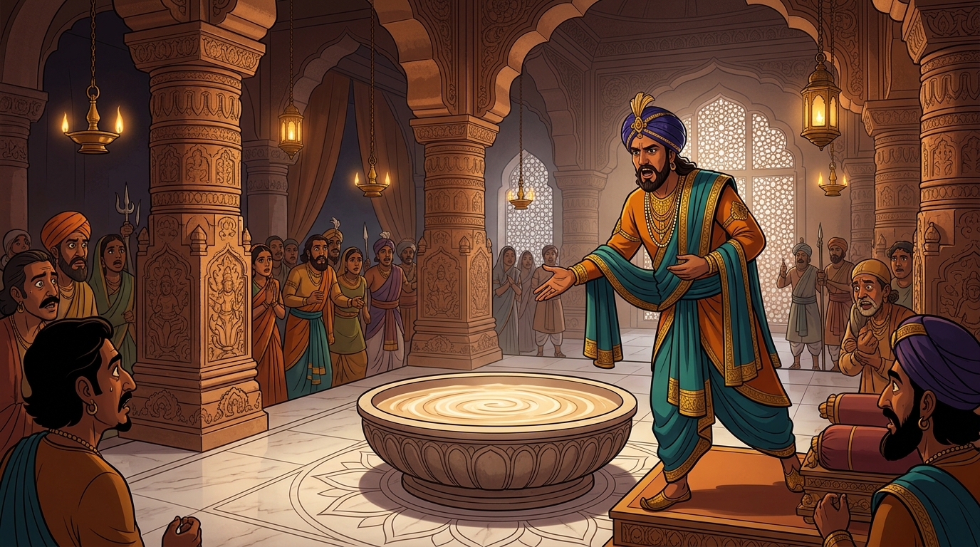 In the courtroom, Buddhiraja announces that the Queen's choker is coated with deadly contact poison