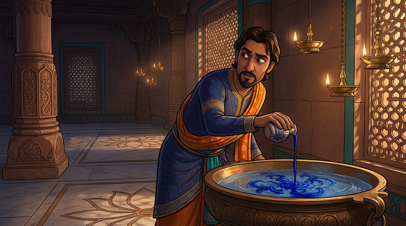Buddhiraja secretly mixing invisible blue indigo dye into a large bronze water basin in the hallway
