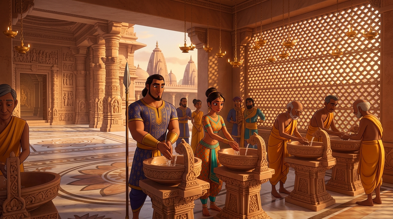 All palace servants, guards, and acrobats ordered to wash hands before entering prayer hall