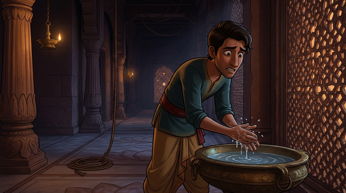In the dim hallway, the guilty palace acrobat frantically washing his hands three times in the basin