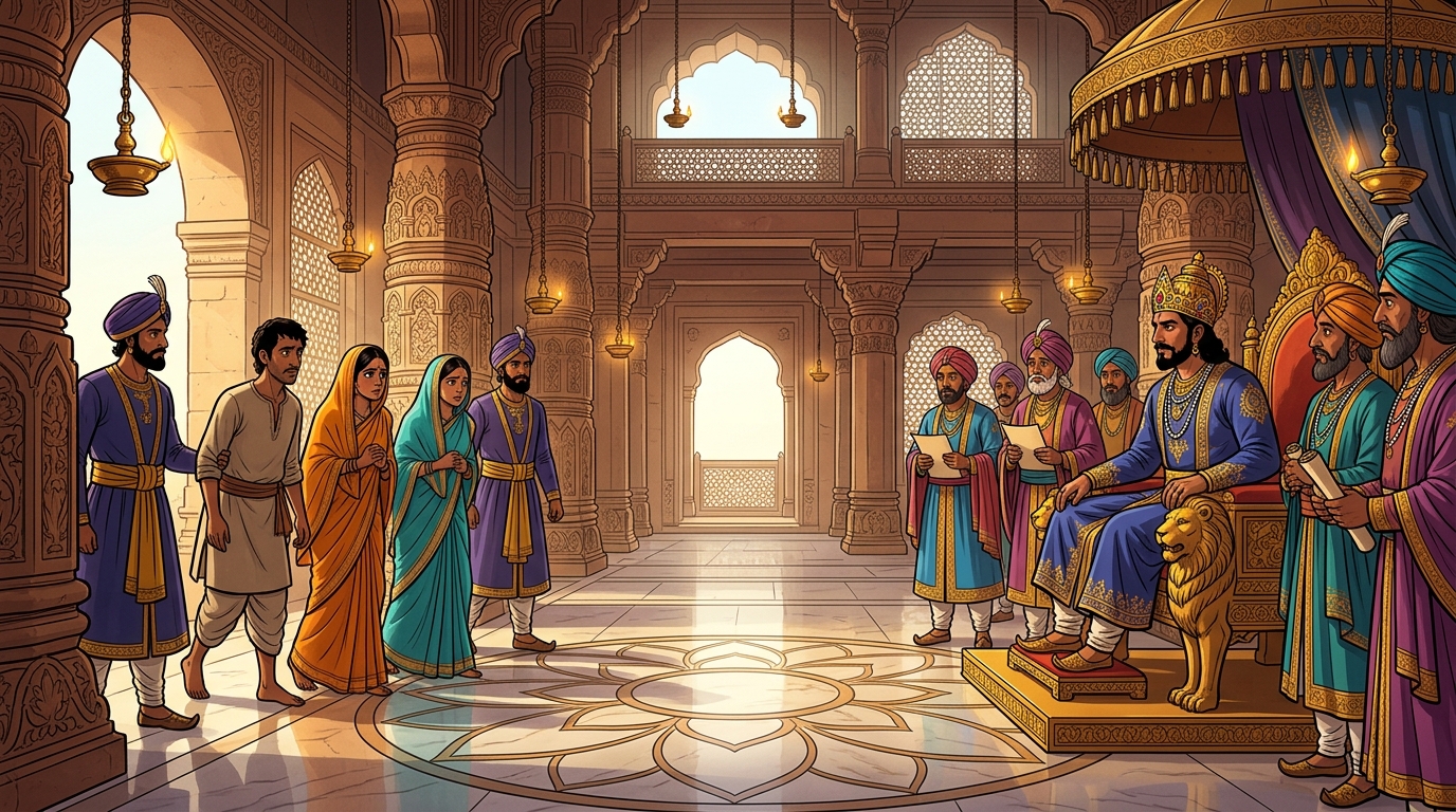 The suspects entering the brightly lit royal prayer hall before the King and ministers