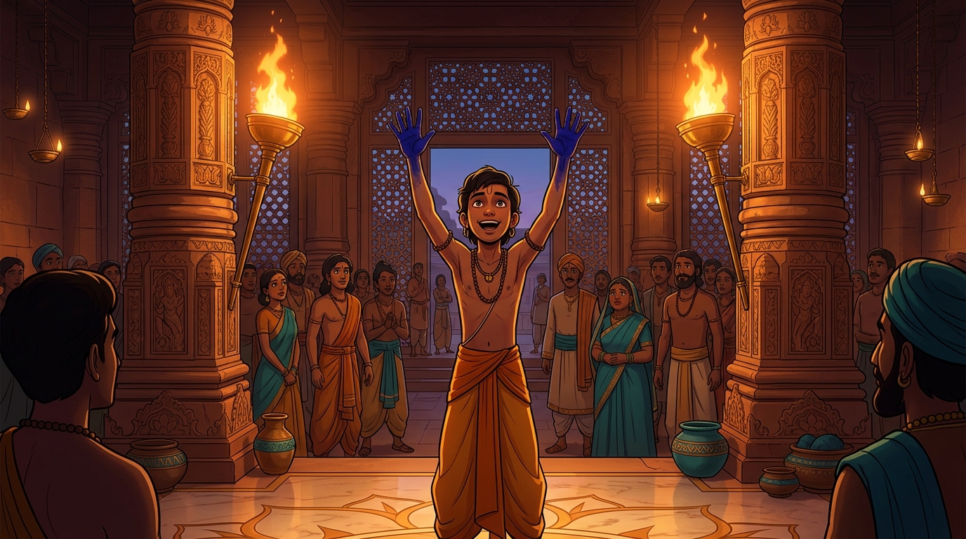 Under the flaming torches, the acrobat's hands are stained bright deep blue from the indigo dye