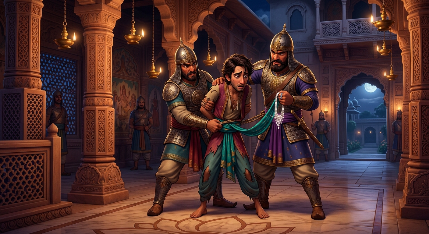 Guards seizing the trembling acrobat, searching his sash, pulling out the diamond choker