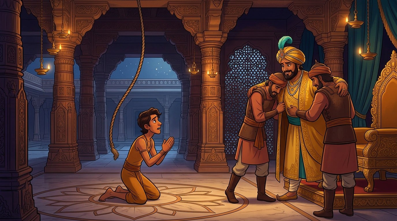 The acrobat confessing on his knees, the innocent guards released and embraced by the King