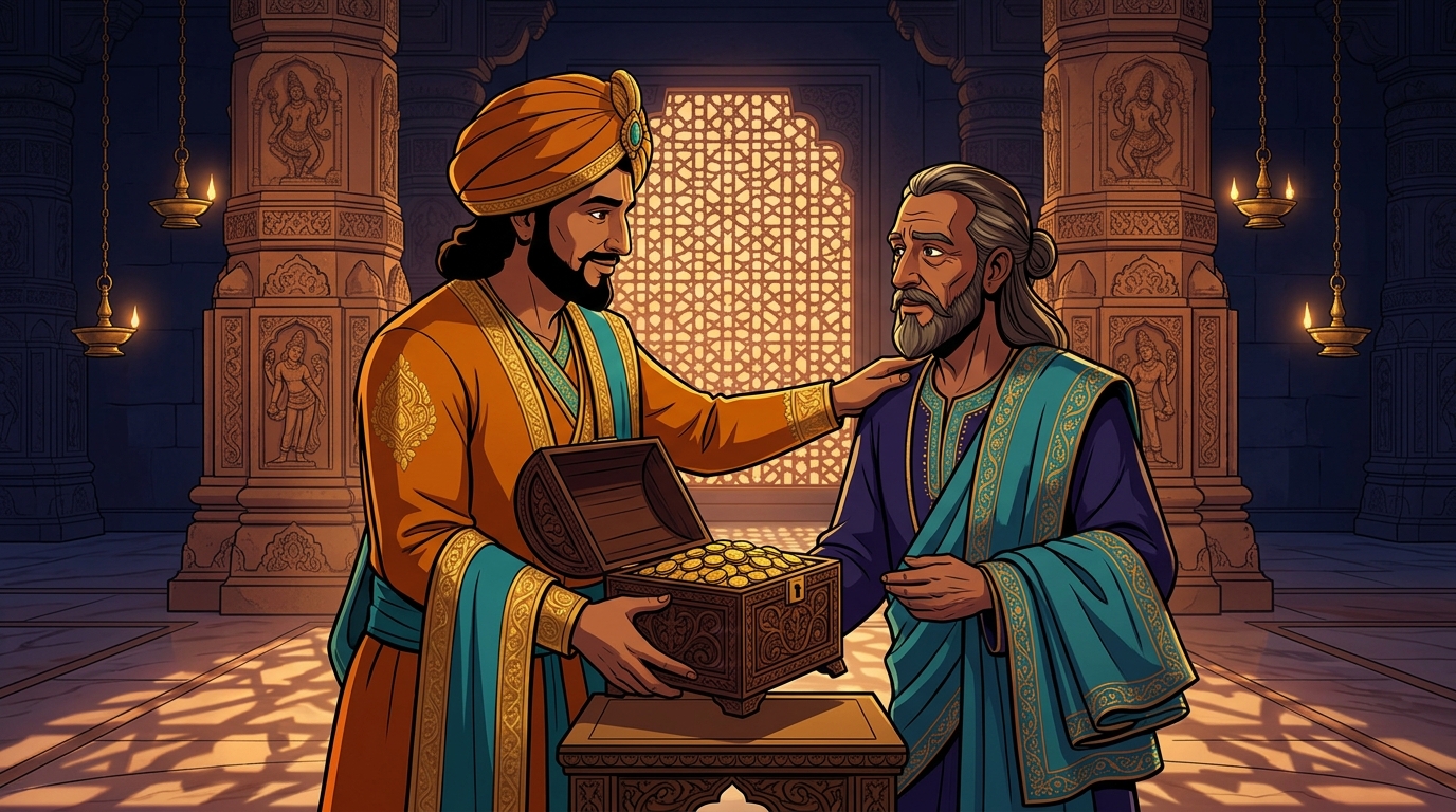 The King rewarding Minister Buddhiraja with a chest of gold coins and royal silk robes