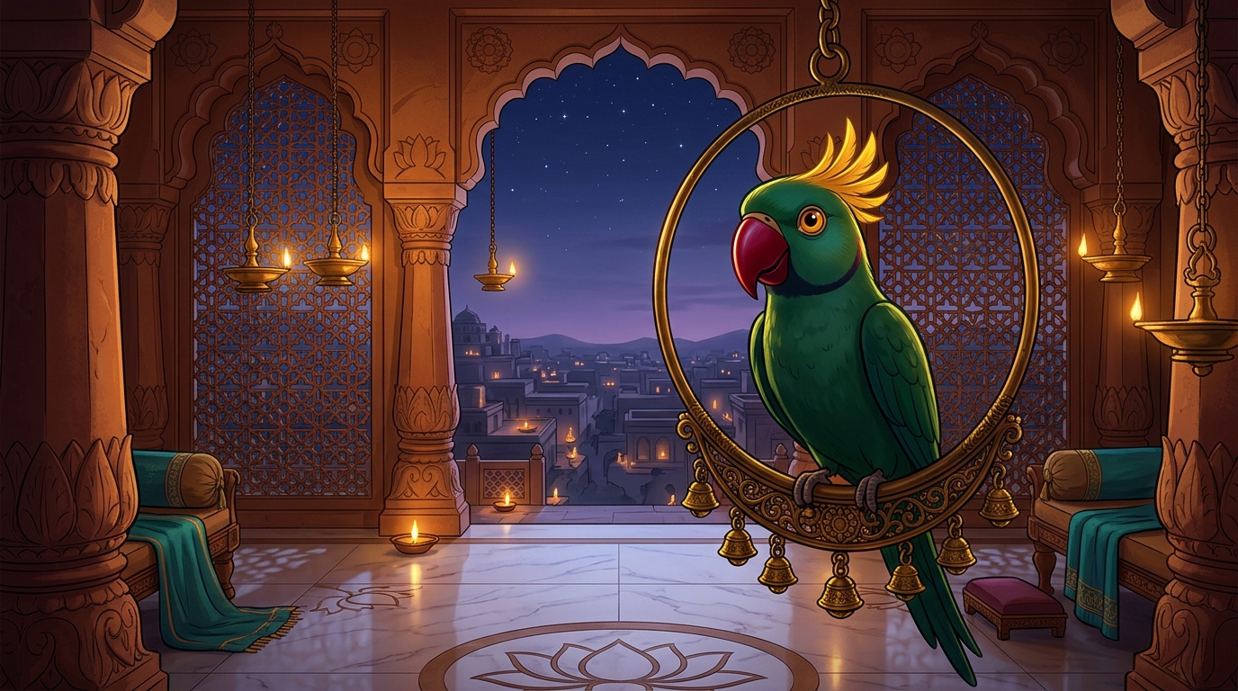 Back on the terrace in Chandravati, Shuka concluding the tale with piercing moral clarity