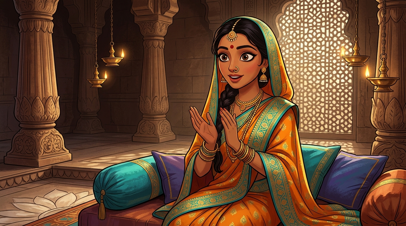 Prabhavati sitting on the silk cushions, clapping in wonder at the indigo trap