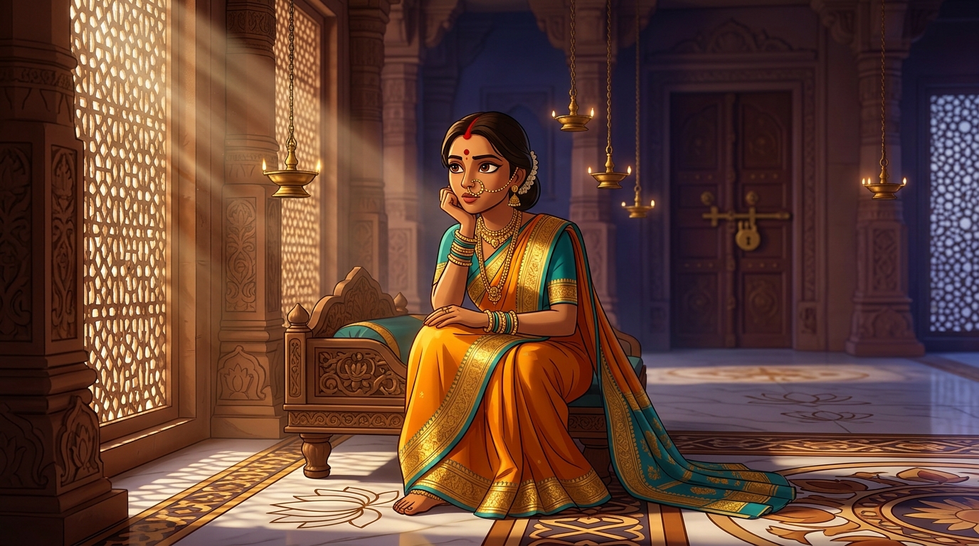 Prabhavati in deep contemplation, realizing no locked door can hide infidelity