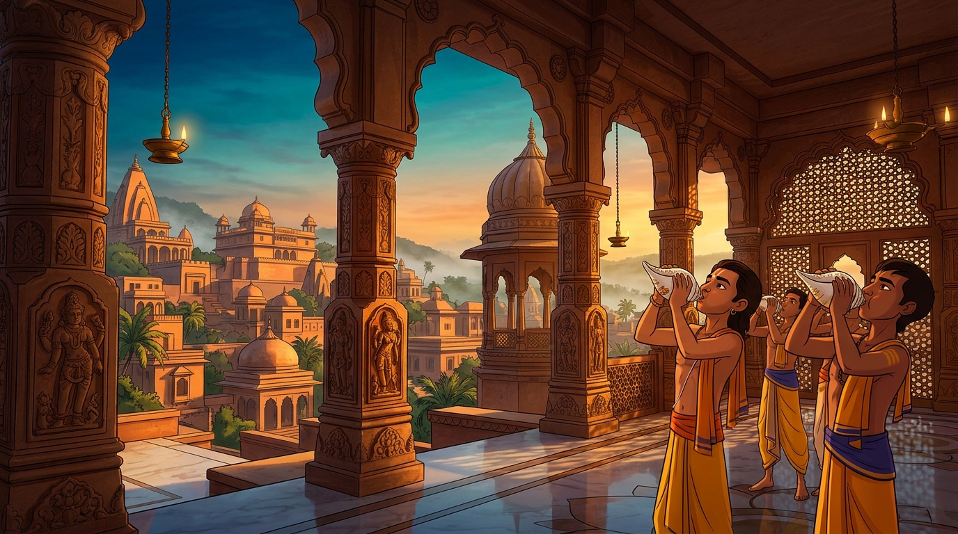 Golden dawn sunlight flooding across the sandstone arches as temple conches sound