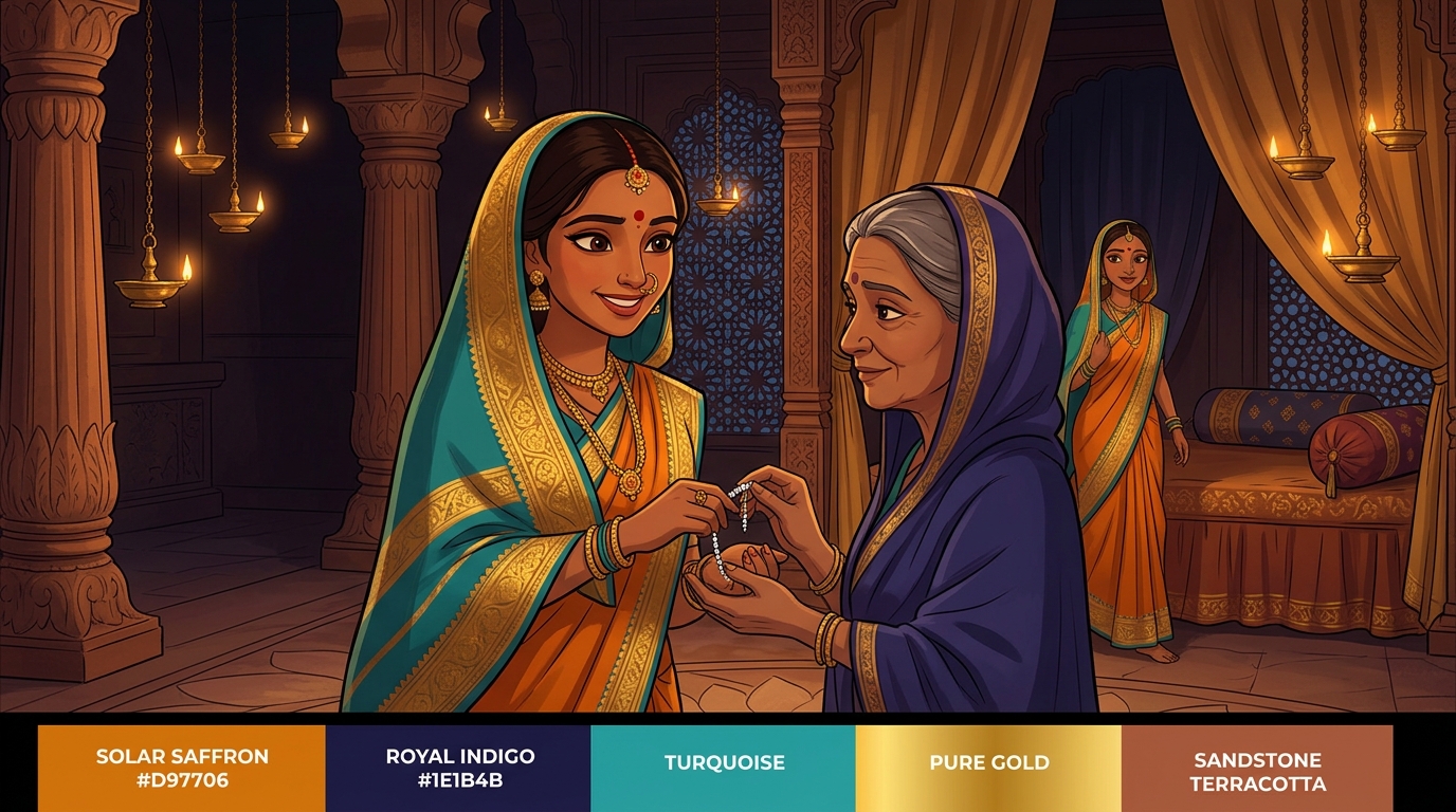 Prabhavati unclasps the diamond veil clasp, hands it to Shuka with deep gratitude, retreating