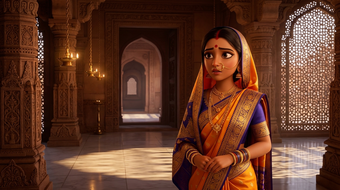 Prabhavati in solar saffron and gold silk saree, adorned with temple jewelry, looking toward the door with hesitation
