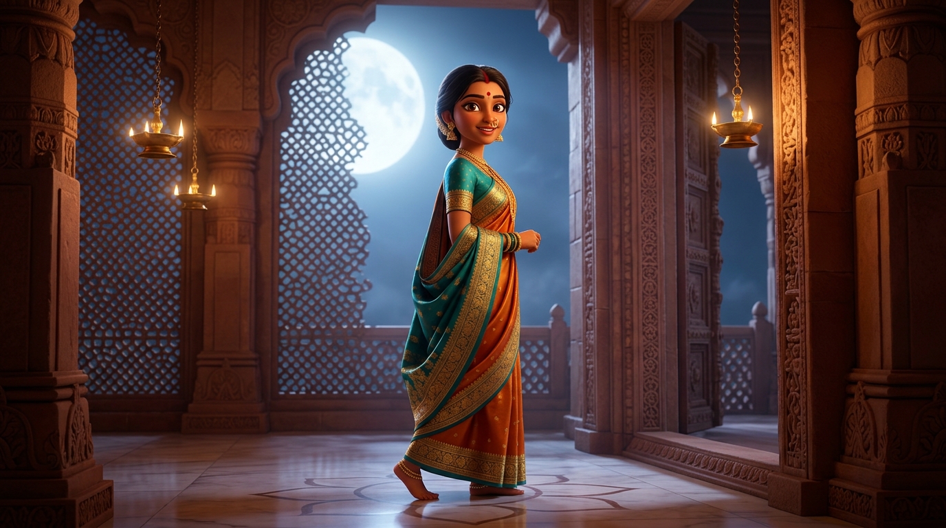 Prabhavati takes a step toward the doorway under the brilliant full moonlight