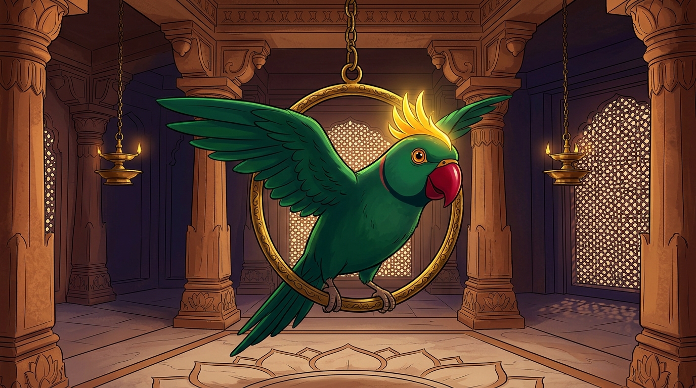 Shuka fluttering his emerald wings, his golden crown crest glowing with divine aura on his swing