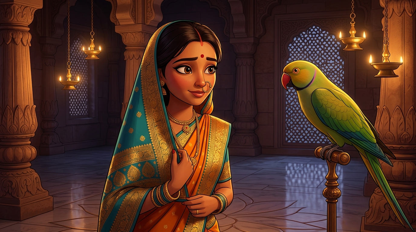 Prabhavati stops, meeting Shuka's piercing golden-amber eyes with deep emotion