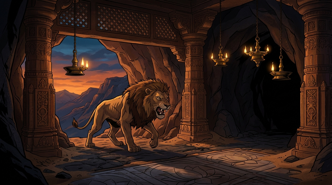 High in the Vindhya mountains, a starving royal lion enters a dark cave at twilight to ambush prey
