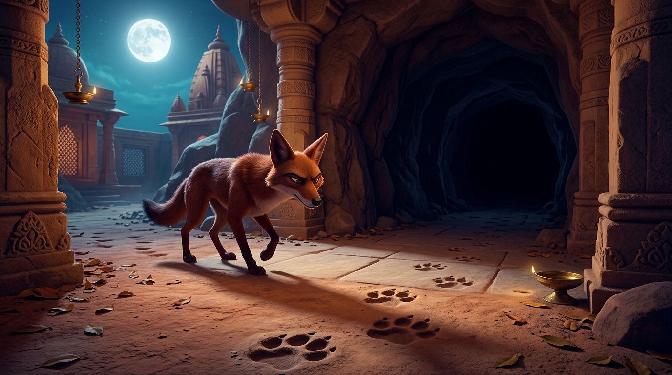 At midnight under the full moon, wise jackal Jambuka returns, noticing fresh lion paw prints leading in