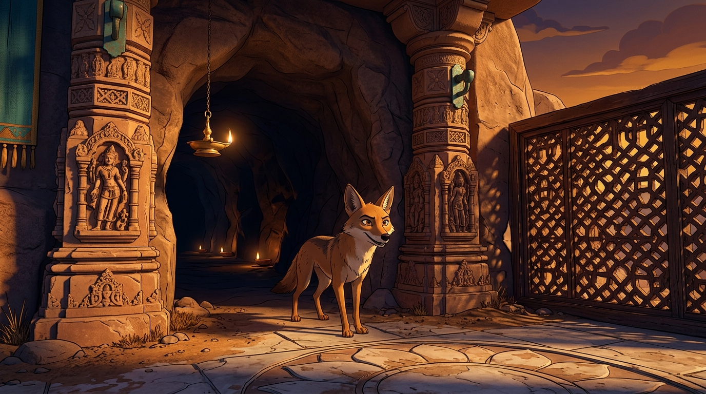 The clever jackal smiling cautiously, standing at a safe distance outside the cave mouth