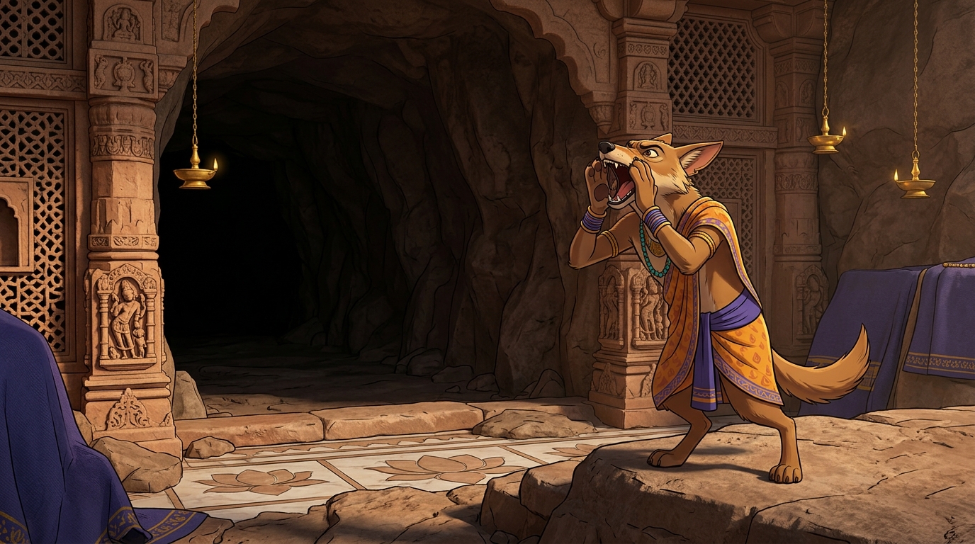 The jackal shouting loudly into the dark cave: 'O Cave! Why do you stay silent tonight?'