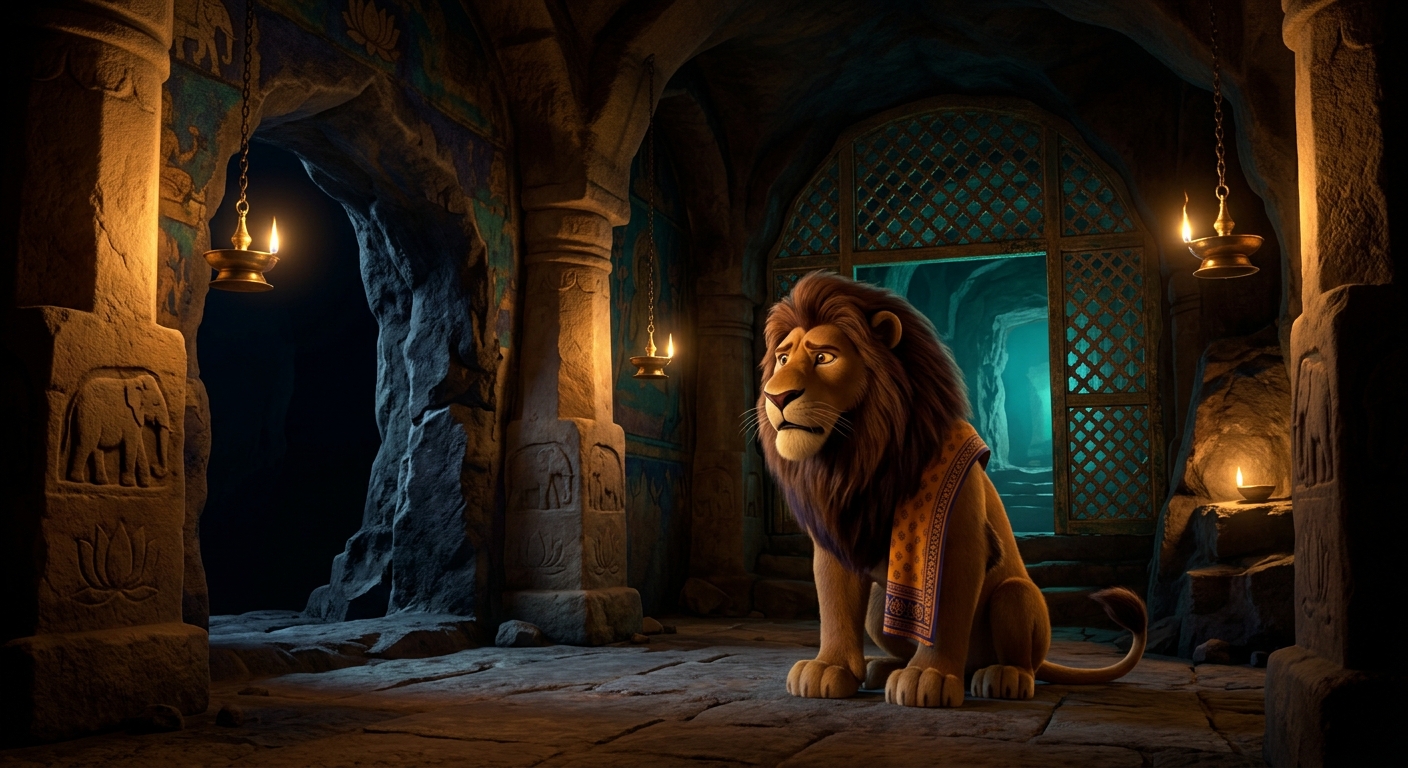 Inside the pitch-black cave, the foolish lion thinking the cave speaks every night