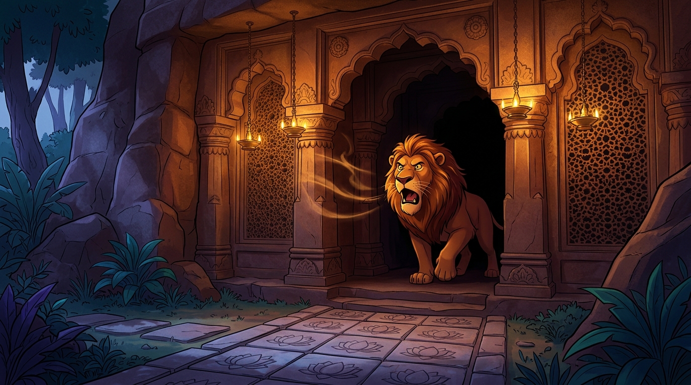 The foolish lion roaring from the dark: 'WELCOME HOME, FRIEND! ENTER IN PEACE!'