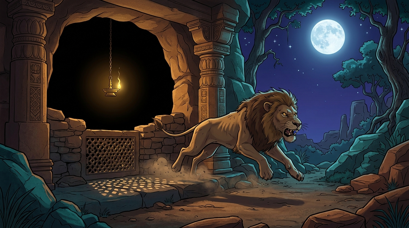 The hungry lion leaping out of the empty cave into the moonlight, starving and humiliated