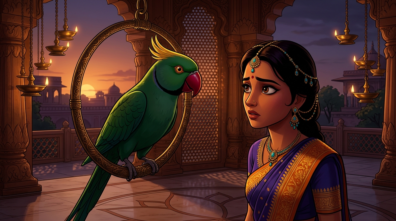 Shuka looking into Prabhavati's eyes: 'The prince's flattery is merely the hungry lion in the cave!'