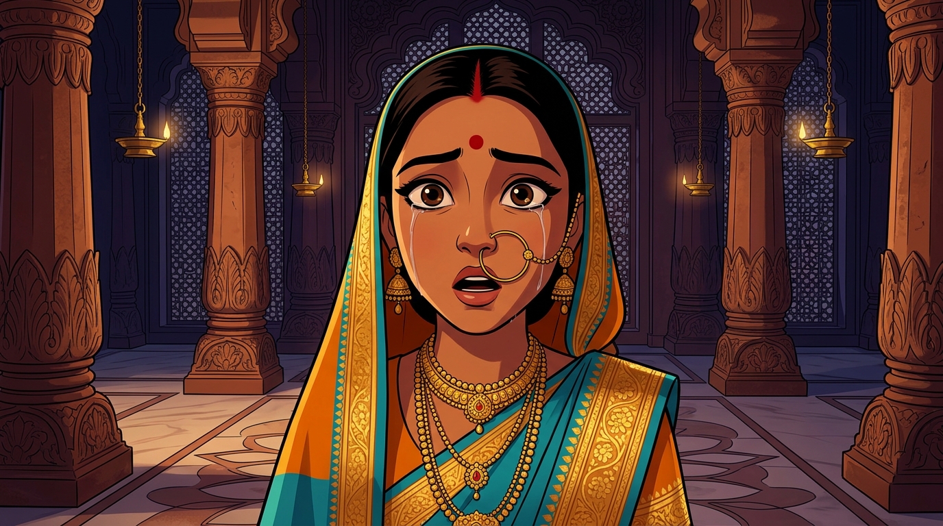 The veil of illusion shatters completely, Prabhavati gasping in realization with tears of awakening