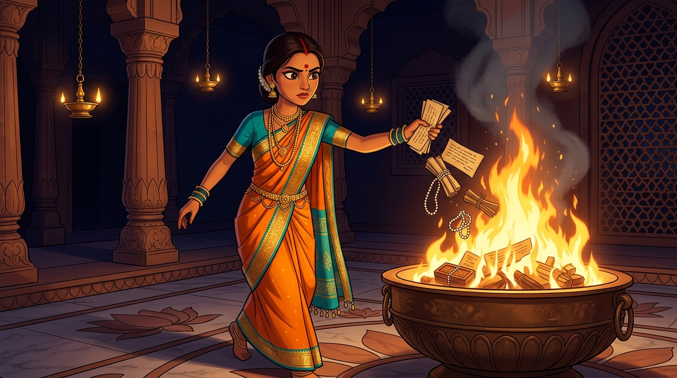 Prabhavati throwing all of the prince's letters, poems, and gifts into the roaring sacred fire