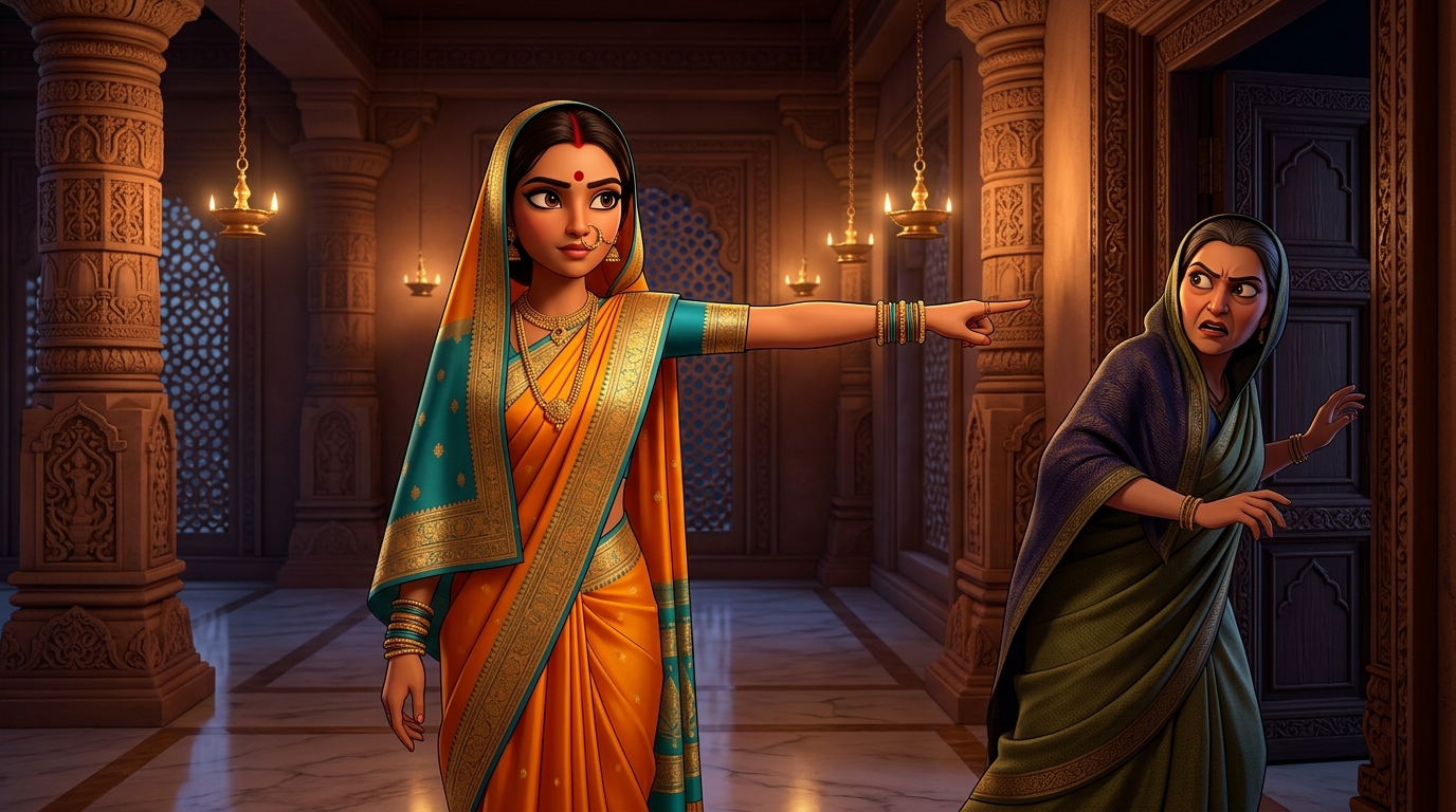 Prabhavati banishing the wicked matchmaker forever: 'Begone! I belong only to my husband and dharma!'