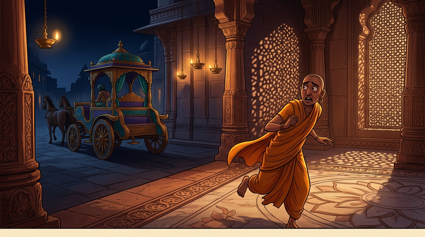 The matchmaker fleeing into the night in terror while the empty royal chariot drives away