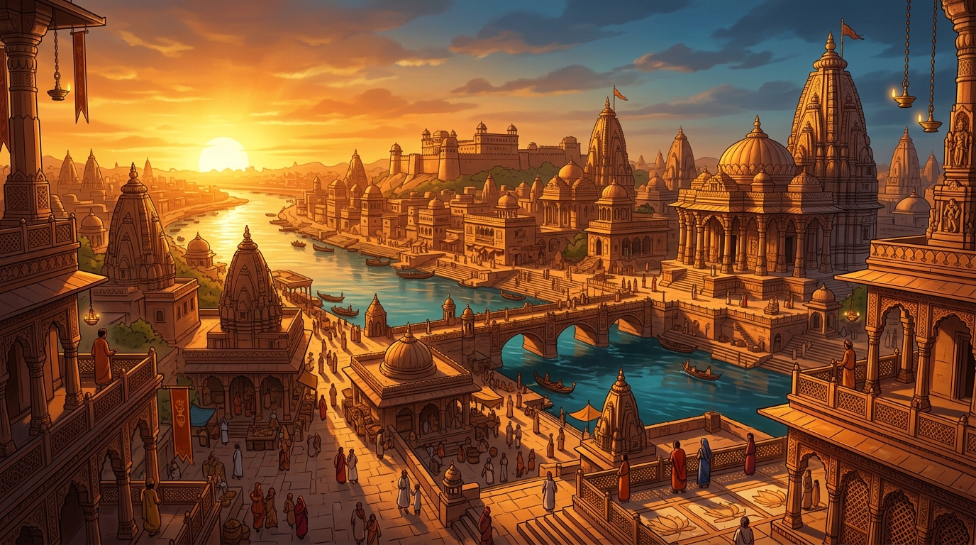 Radiant golden-amber dawn sunlight flooding the entire Chandravati skyline in celestial splendour