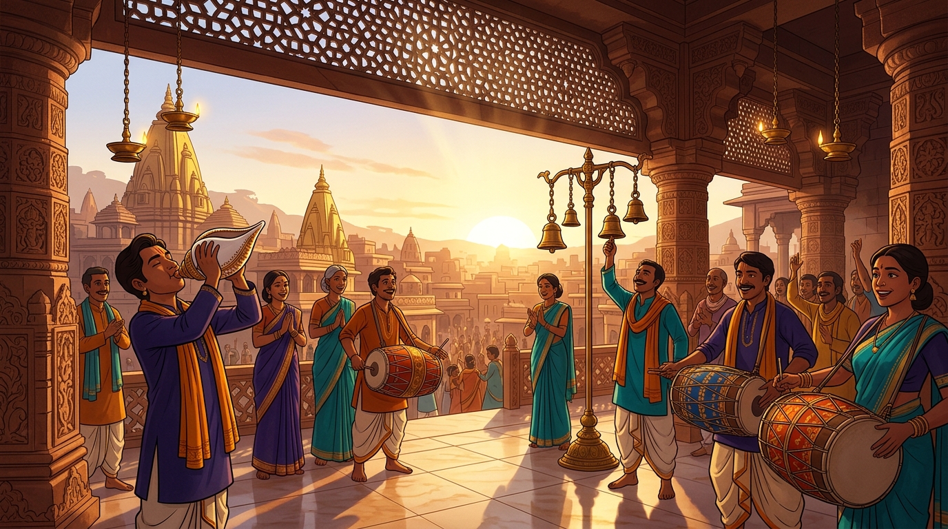 Temple conch shells, sacred drums, and celebratory bells ringing across the waking city in triumph