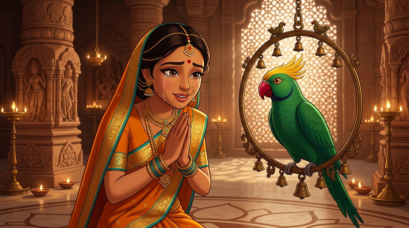 Prabhavati kneeling before Shuka's golden swing with folded hands and tears of supreme gratitude