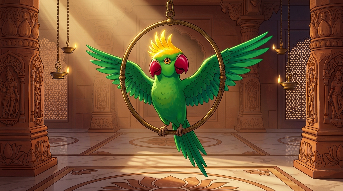 Shuka spreading his emerald wings in radiant blessing under the morning sun