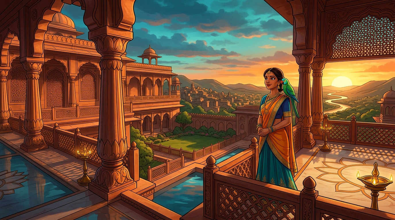 Panoramic view of Chandravati Palace at sunrise, Prabhavati on balcony with Shuka on shoulder, pure and triumphant