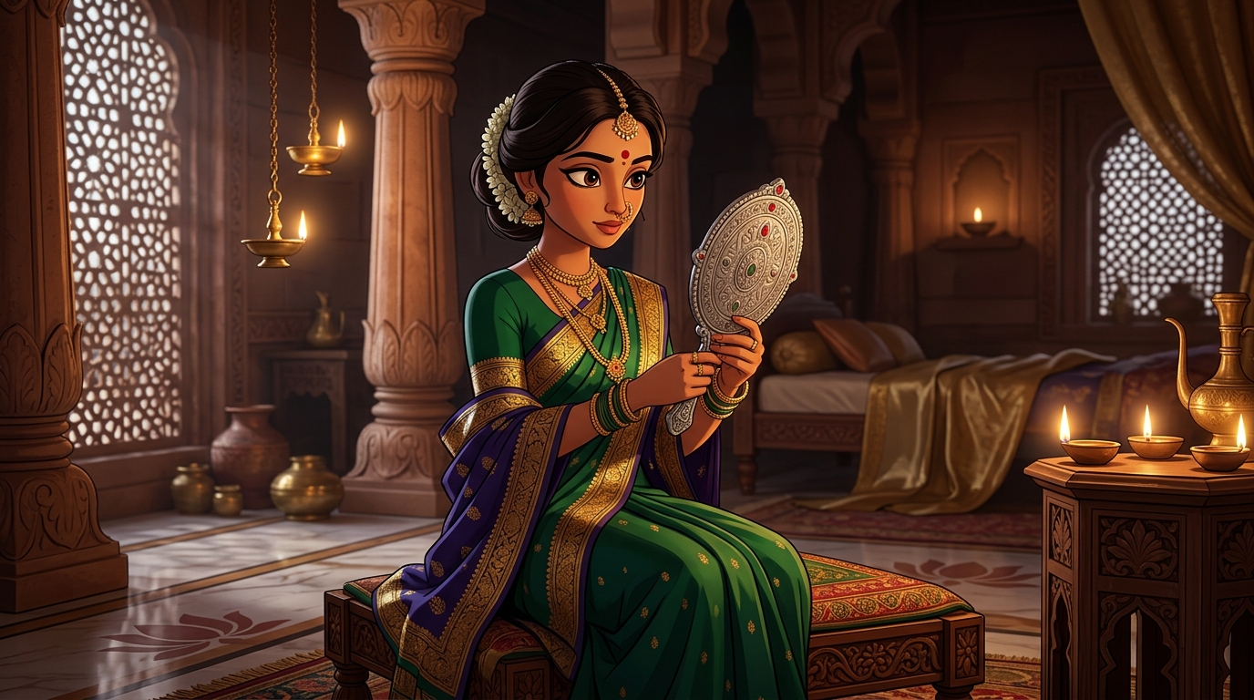 Prabhavati in emerald-green and gold silk holding the silver mirror by candlelight