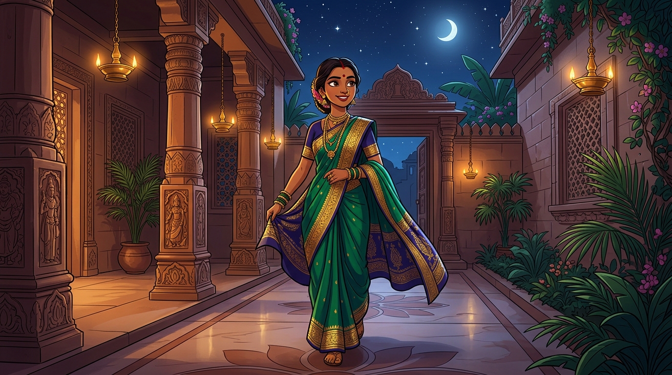 Prabhavati stepping toward the courtyard gate with swift, confident steps under the moonlit sky