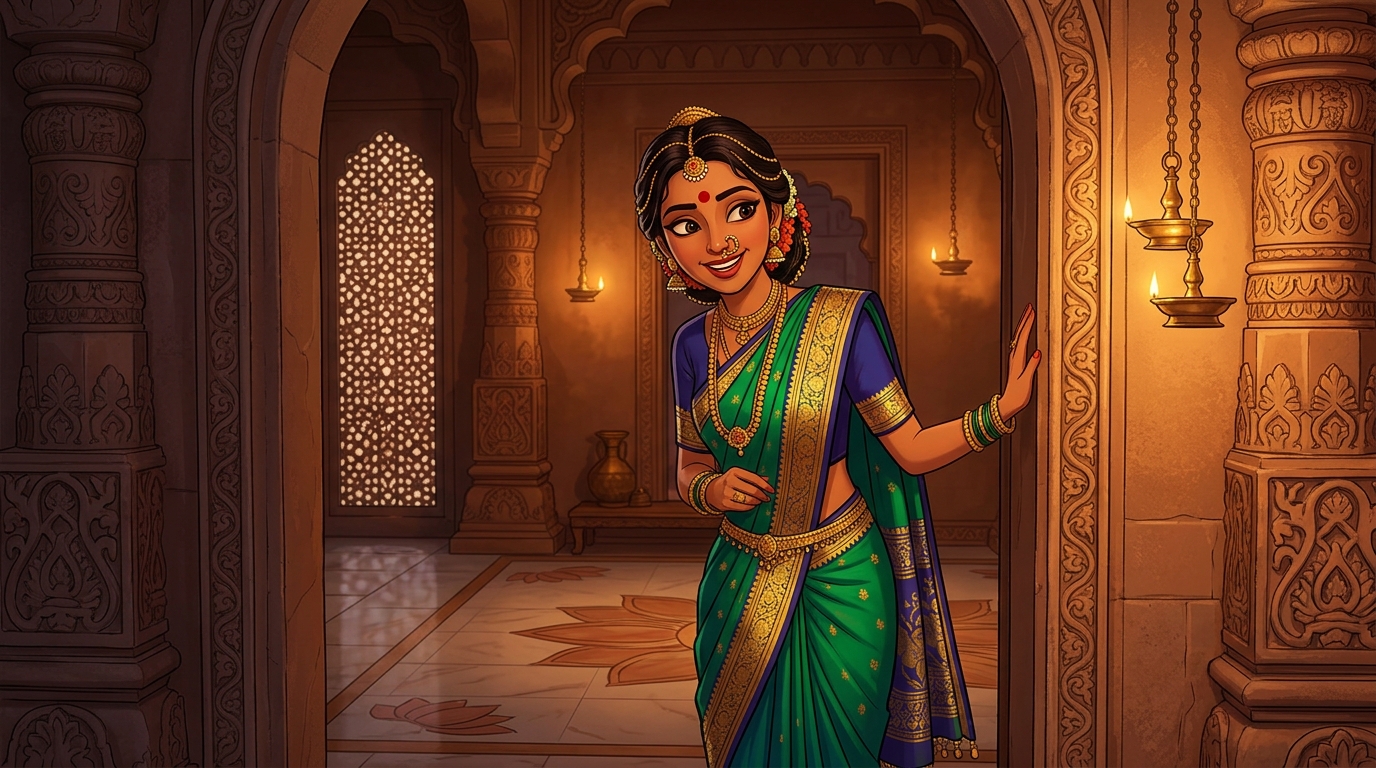 Prabhavati pausing on the doorstep with an amused smile