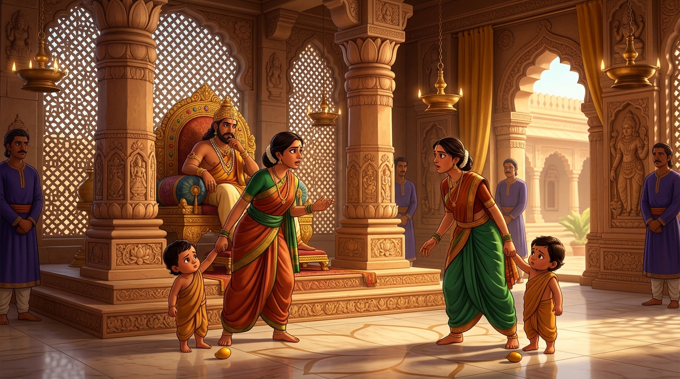 In the royal courtroom of Kanchipuram, two rival women standing before King Jayapala on his golden throne