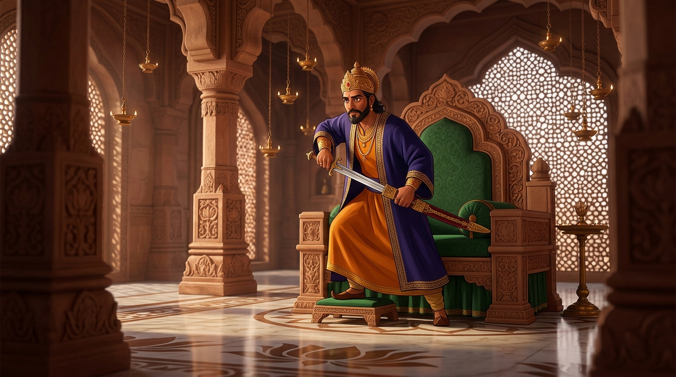 King Jayapala rises from his throne, unsheathing his gleaming royal steel sword