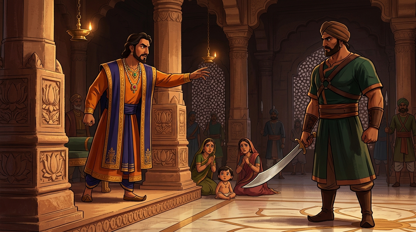 King Jayapala commanding the executioner to slice the living child in two