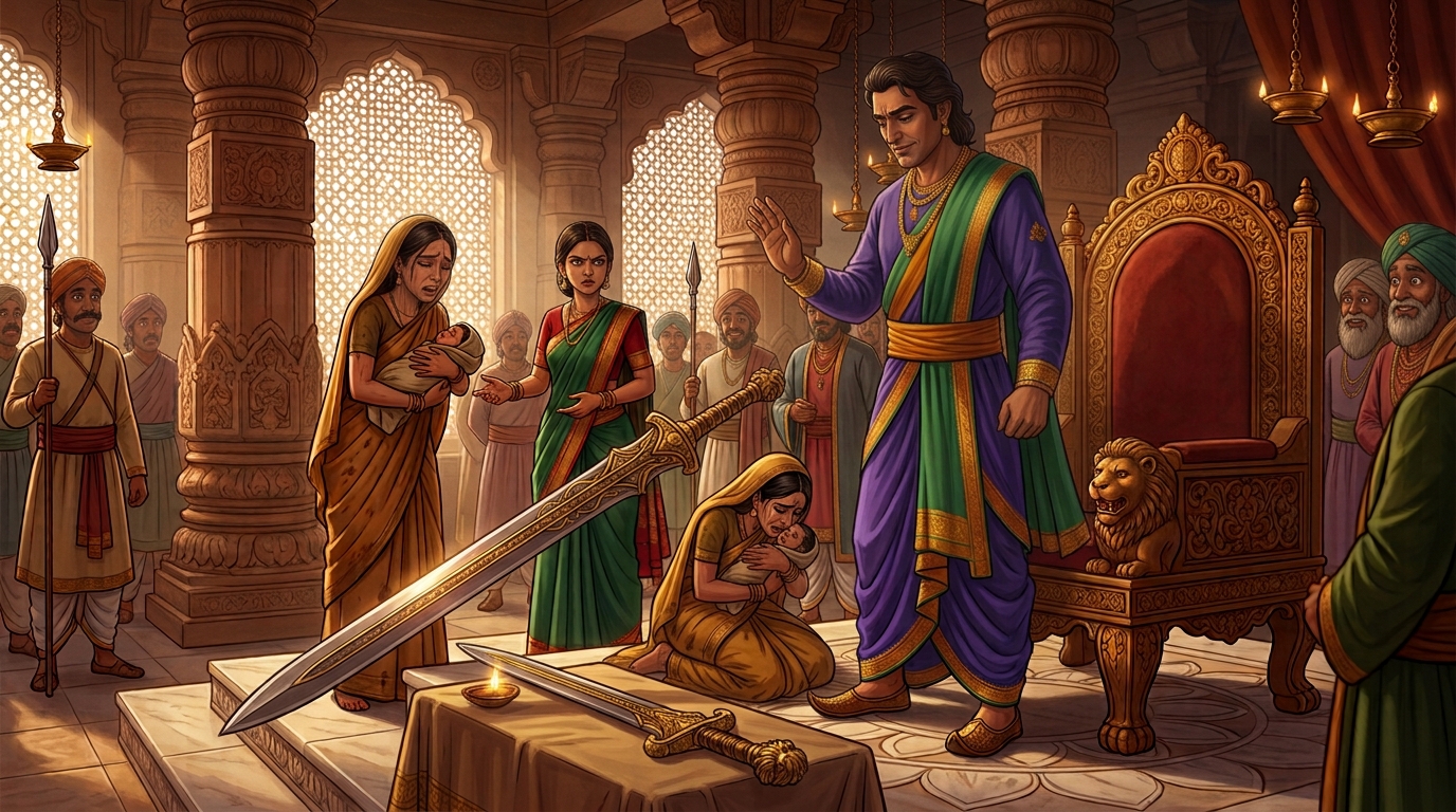 King Jayapala sits in solemn judgment as the court awaits the verdict