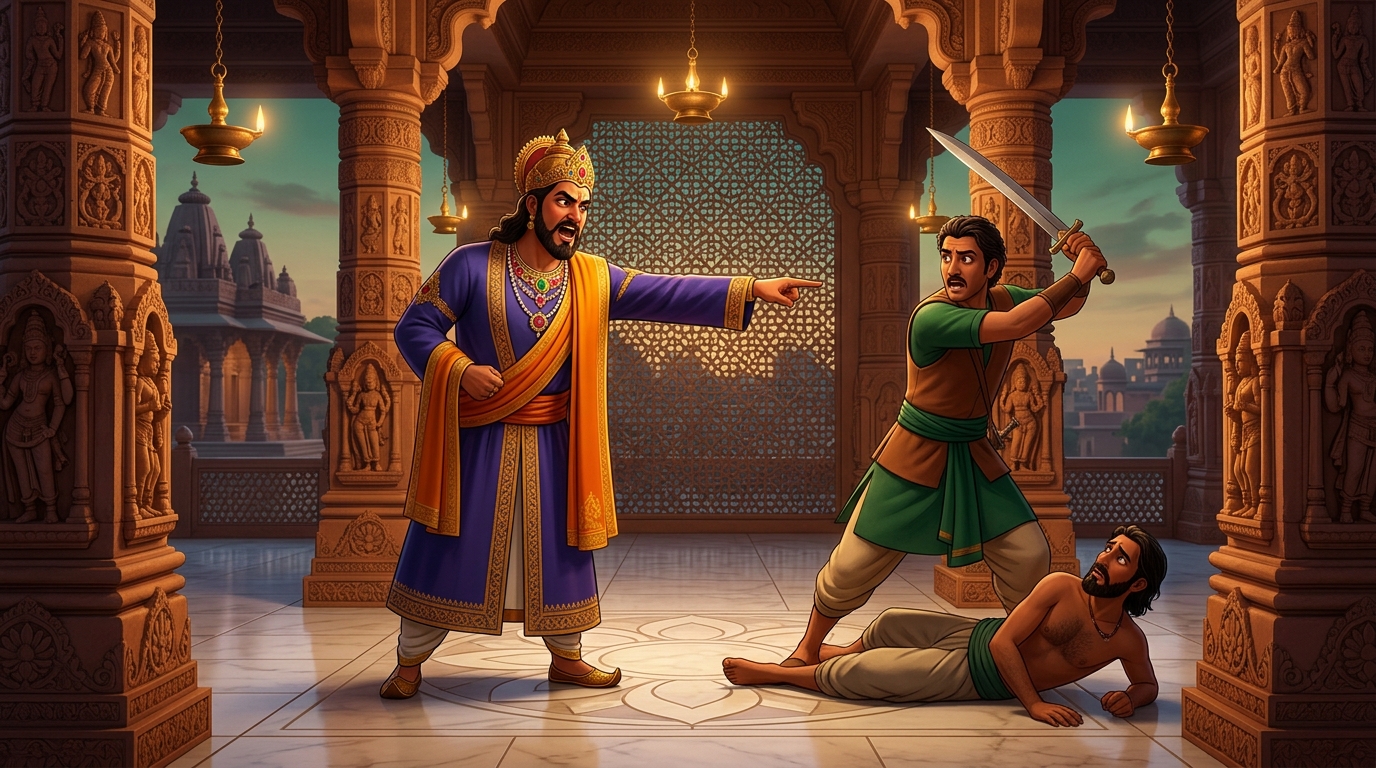 King Jayapala commanding the executioner to lower the sword, pointing in divine clarity