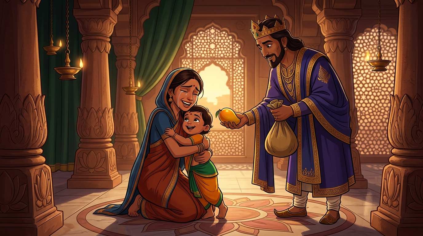 The weeping mother embraces her child tightly, the King awarding the golden mango and 500 dinars