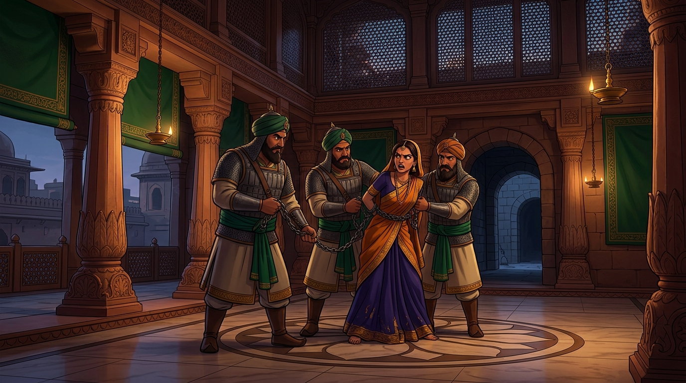 Guards binding the cruel false claimant in heavy iron chains, leading her to the dungeon