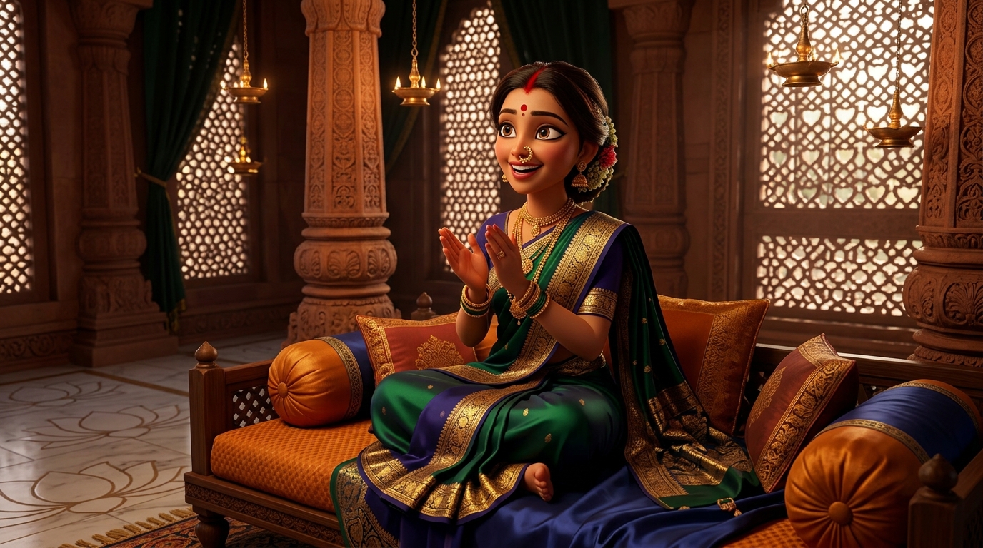 Prabhavati sitting on the silk cushions, clapping in wonder at the power of selfless love