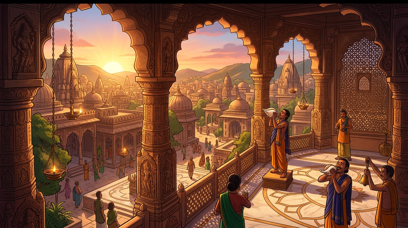Golden dawn sunlight flooding across the sandstone arches as temple conches sound